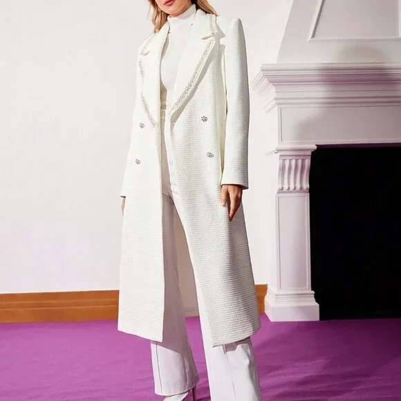 White Elegant Women's Belted Pearl Trim Tweed Coat - Picture 4 of 9